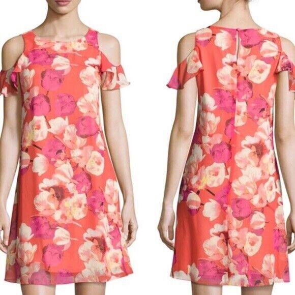 Eliza J Womens Orange Coral Floral Cold Shoulder Summer Lined Dress Size 8 - Picture 1 of 5
